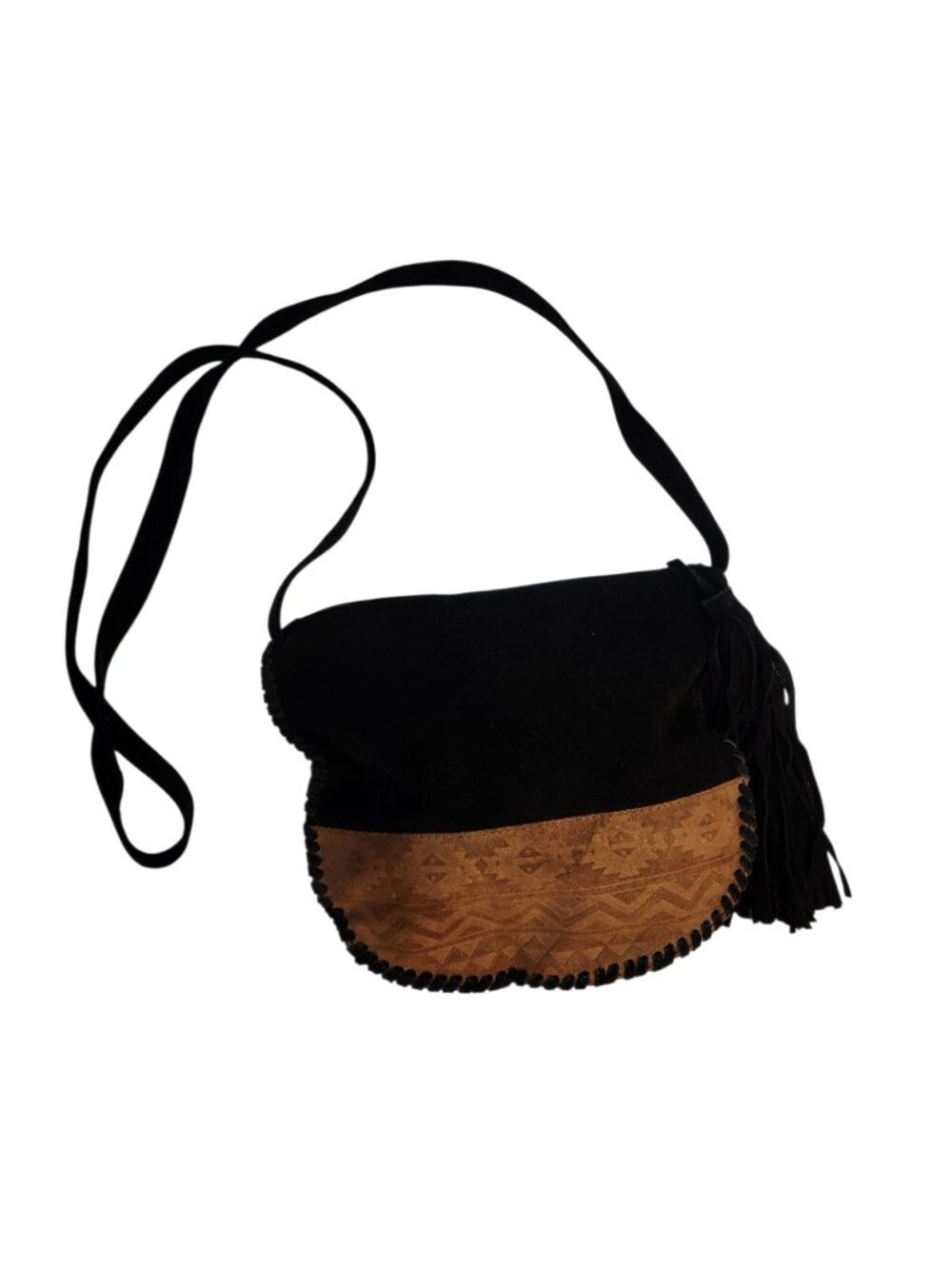 Earthbound Trading Co. Crossbody Boho Purse Black Tan Suede Tassel Zipper